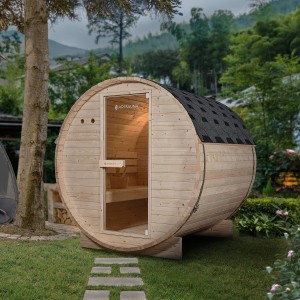 Artsauna Fasssauna Spitzbergen 180 cm für 4 Personen mit 6 kW Ofen im Garten.