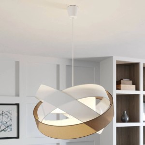 Moderne Pendelleuchte Simaria aus braunem und weißem Textil, 3-flammig, im Wohnzimmer.