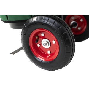 Detailaufnahme: Reifen des Westmann Gartenwagen Universal, rote Felge, ideal für unwegsames Gelände.