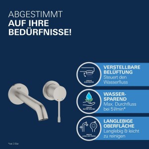 Grohe Essence 2-Loch Waschtischarmatur in Supersteel für die Wandmontage.