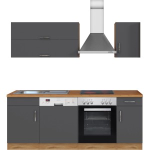 Moderne Küchenzeile Sorrento in Anthrazit- und Wotaneiche-Optik mit E-Geräten.
