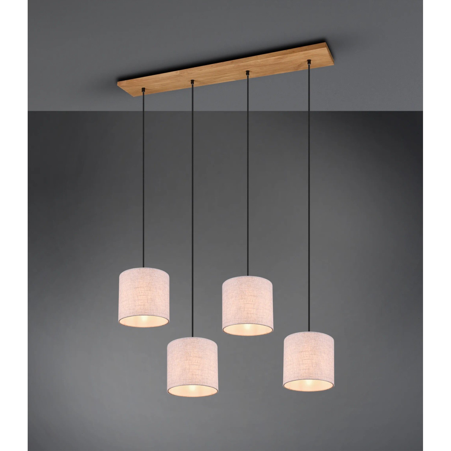 Trio Pendelleuchte Elmau, 4-flammig, Nickel antik/Holz/Weiß, Hängelampe mit Stoffschirmen.