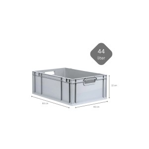 Graue PROREGAL Eurobox NextGen, 44 Liter, mit Auflagedeckel und gelben Schiebeschnappverschlüssen.