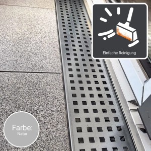 PRO Style Entwässerungsrinne aus Magnelis Stahl mit perforiertem Trittblech in Naturfarbe, auf Terrasse verlegt.