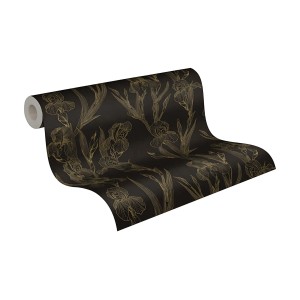 PROFHOME Designtapete mit Blumenmuster in Schwarz und Gelb. Dekorative Vliestapete.