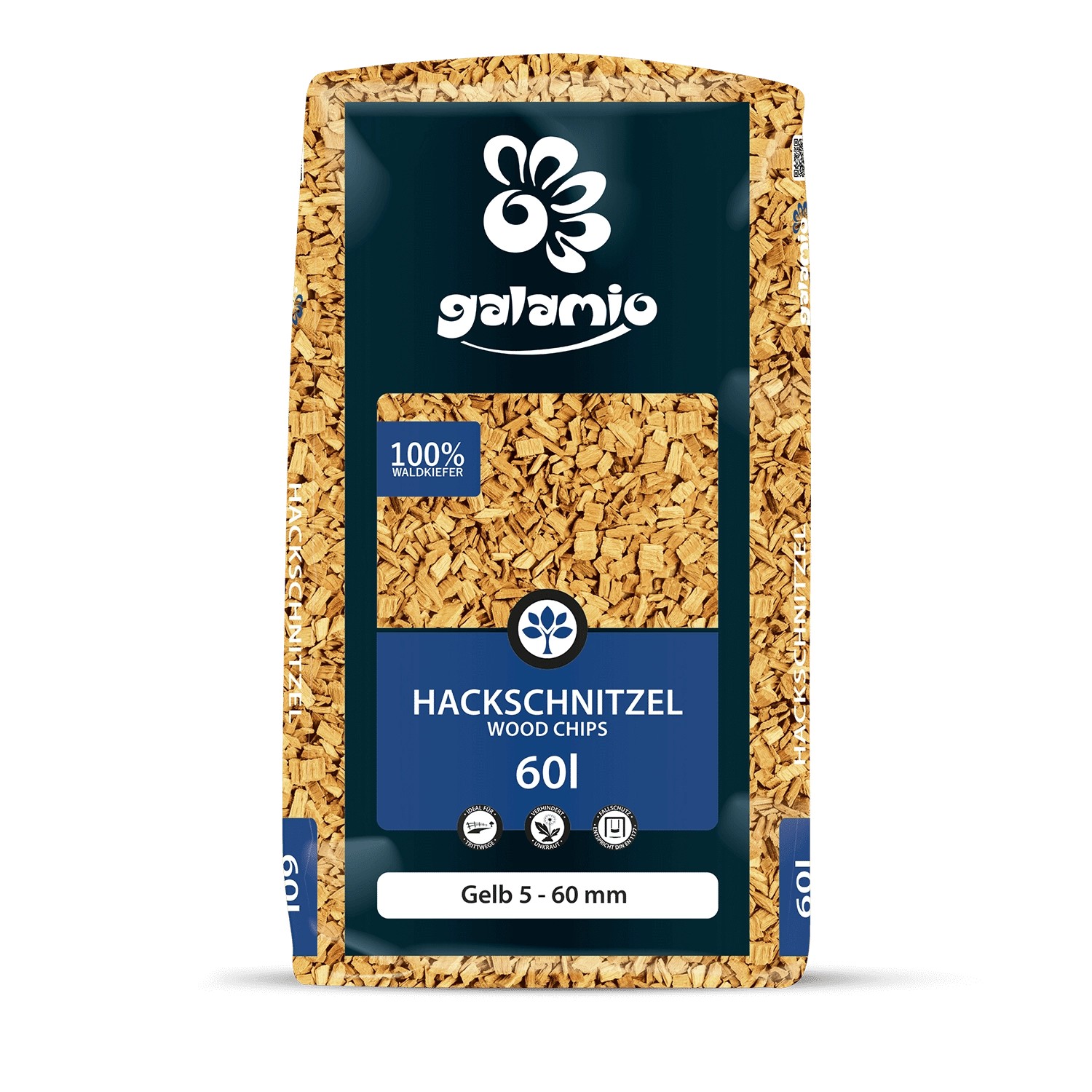 Sack Galamio Holzhackschnitzel Gelb, 60l. Dekormulch für Gartenwege und Grünflächen.