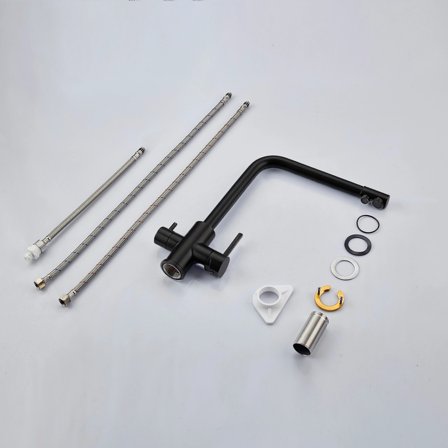 AICA Wasserhahn Schwarz Küche Spültischarmatur 3-Wege mit Trinkwasserfilter 2-Hebel Design für Doppelspülen 360° Schwenkbar_2