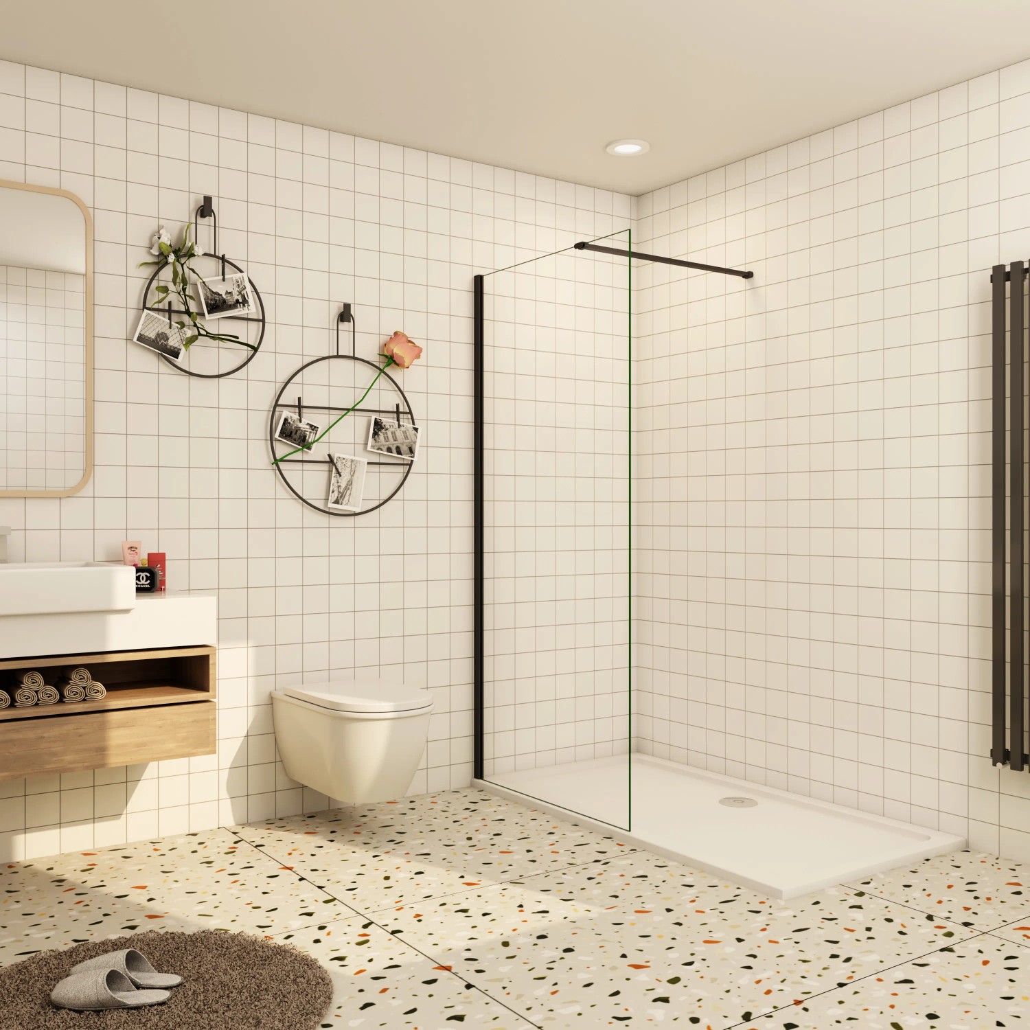 Begehbare Dusche mit schwarzem Rahmen, 150 cm breit, mit 8 mm NANO ESG-Glas Duschwand.
