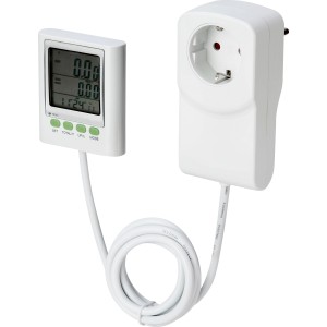 Weißes Energiekostenmessgerät mit Monitor und Stecker für die Steckdose.