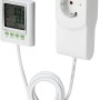 Weißes Energiekostenmessgerät mit Monitor und Stecker für die Steckdose.