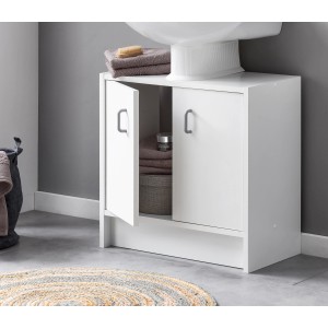 Weißer Badmobil Waschbeckenunterschrank, 54 cm breit, mit geöffneter Tür und Stauraum.