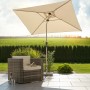 Schneider Marktschirm, 230x150 cm, Natur, mit Kurbel, auf Terrasse mit Sessel.