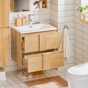 SoBuy Waschbeckenunterschrank BZR172-N mit Waschbecken und 2 Schubladen in Natur.