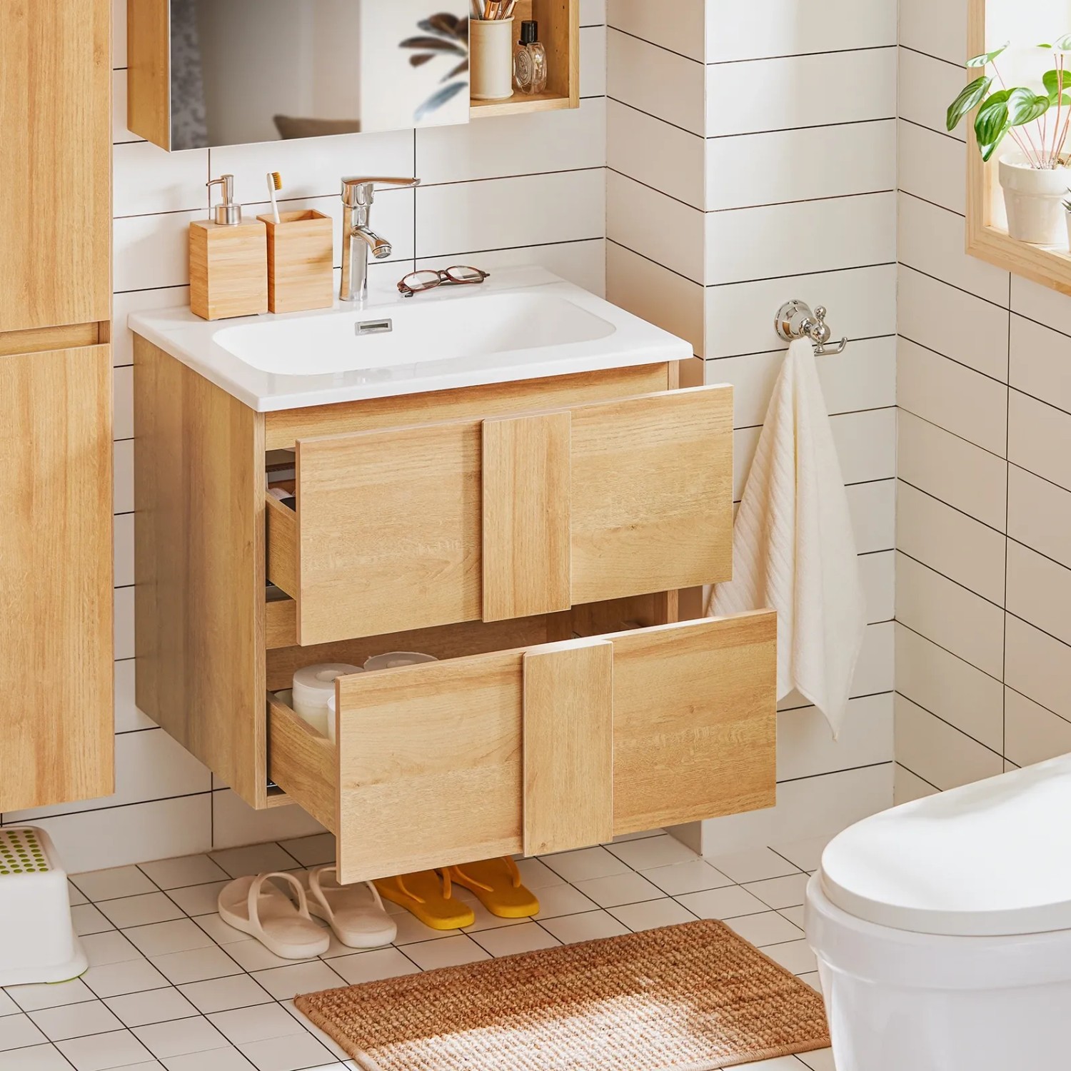 SoBuy Waschbeckenunterschrank BZR172-N mit Waschbecken und 2 Schubladen in Natur.
