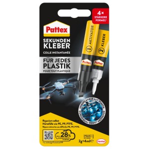 Pattex Plastix Sekundenkleber mit Aktivator-Stift, 2g Tube und 4ml Stift