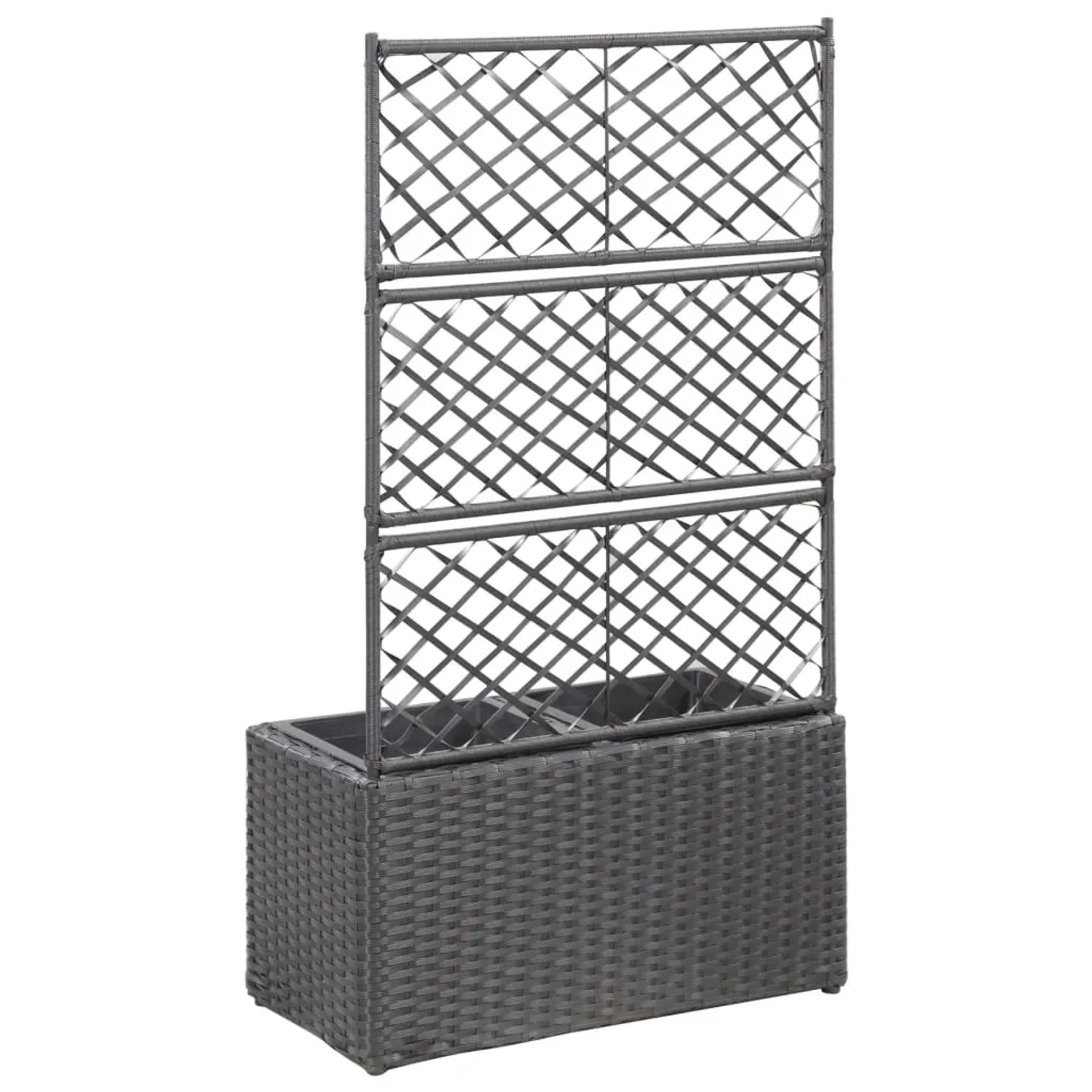 Schwarzes vidaXL Hochbeet mit Rankgitter und 2 Töpfen aus Poly Rattan, 58x30x107 cm.