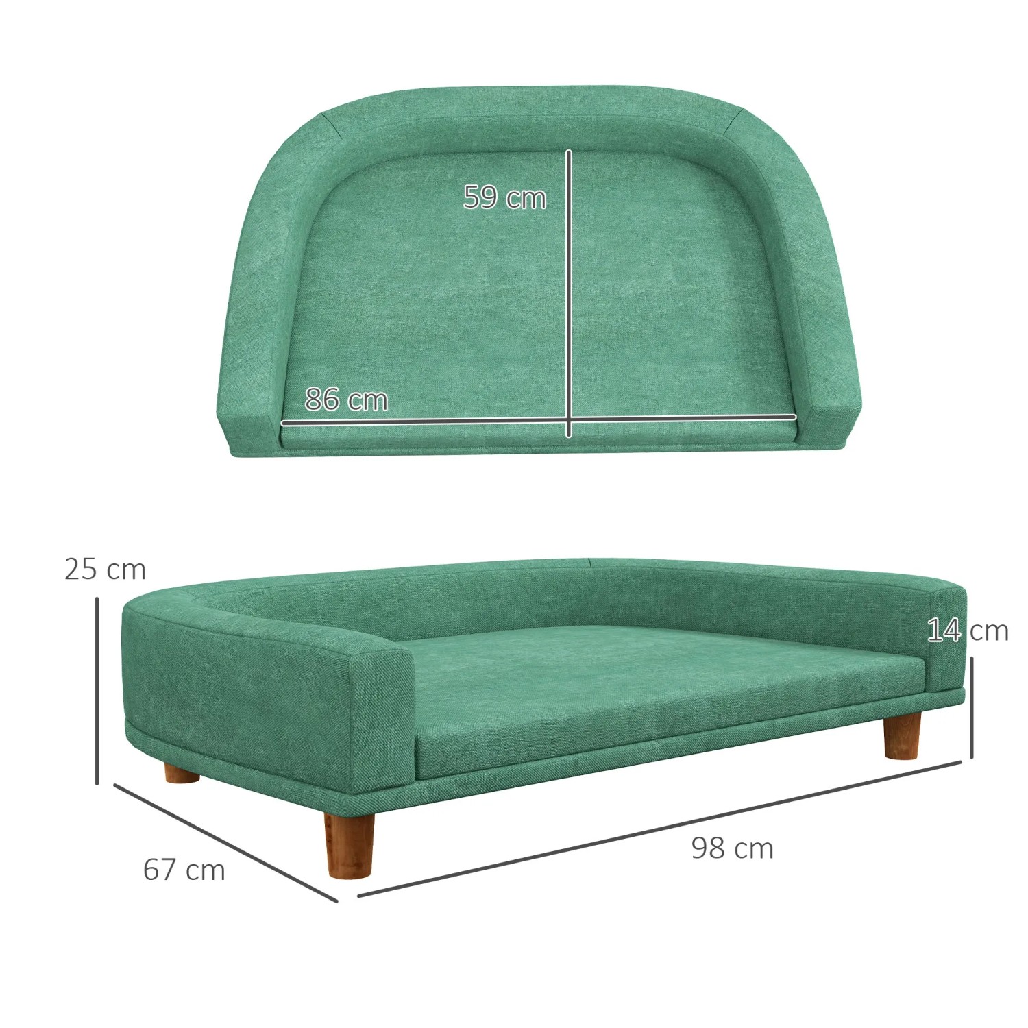 PawHut Hundesofa, mintgrün, mit Kissen und Holzbeinen, 98x67x25 cm.