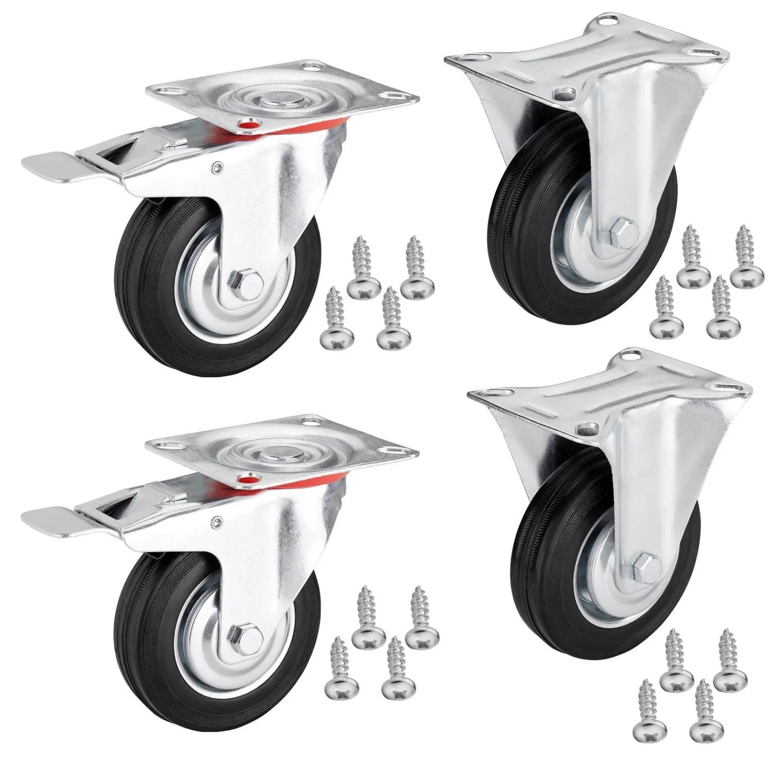 SOTECH 4er SET Transportrollen RED Ø125 mm 2x Bockrollen und 2x Lenkrollen mit Bremse Bis 440 Kg inkl. Pan Head 5 x 17 m...