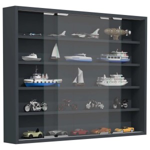 Wandhängende Glasvitrine AgisaL in Anthrazit mit 2 Schiebetüren und 5 Einlegeböden.