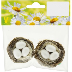 2er Set Deko-Nester mit je 3 weißen Eiern (Ø 5cm) aus Stroh und Kunststoff für die Osterdekoration.