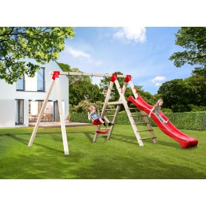 Tabaluga Doppelschaukel mit Rutsche (rot) und Podest im Garten mit spielenden Kindern.
