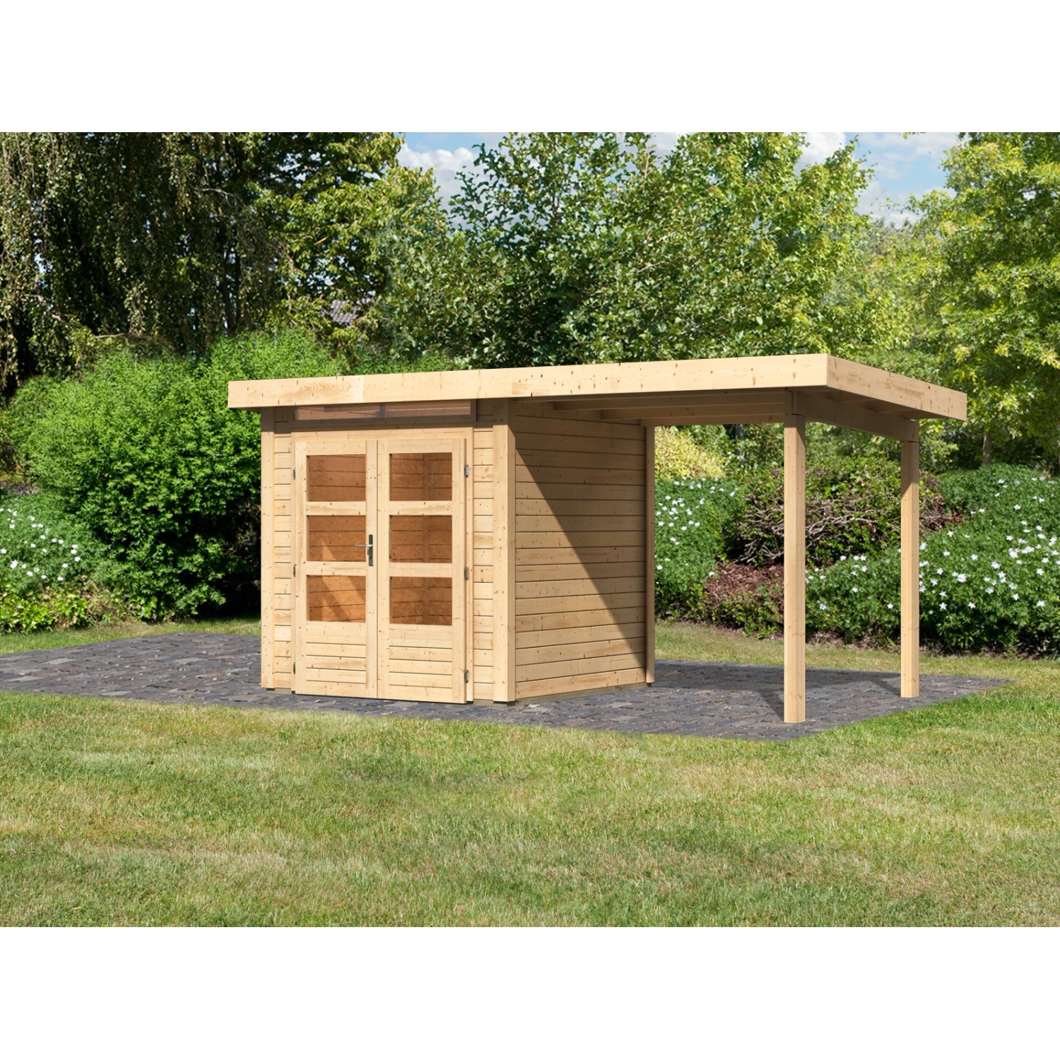 Karibu Gartenhaus Set Kumla 1 Naturbelassen mit Anbaudach 235 cm Breit 4 m²