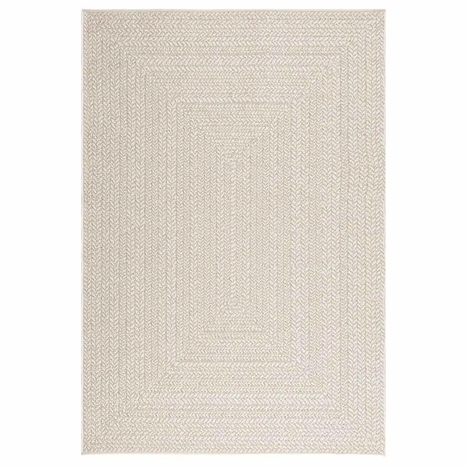 Cremefarbener Outdoor-Teppich ZIZUR 140x200 cm in Jute-Optik. Rechteckiges Flechtmuster aus robustem Polypropylen.