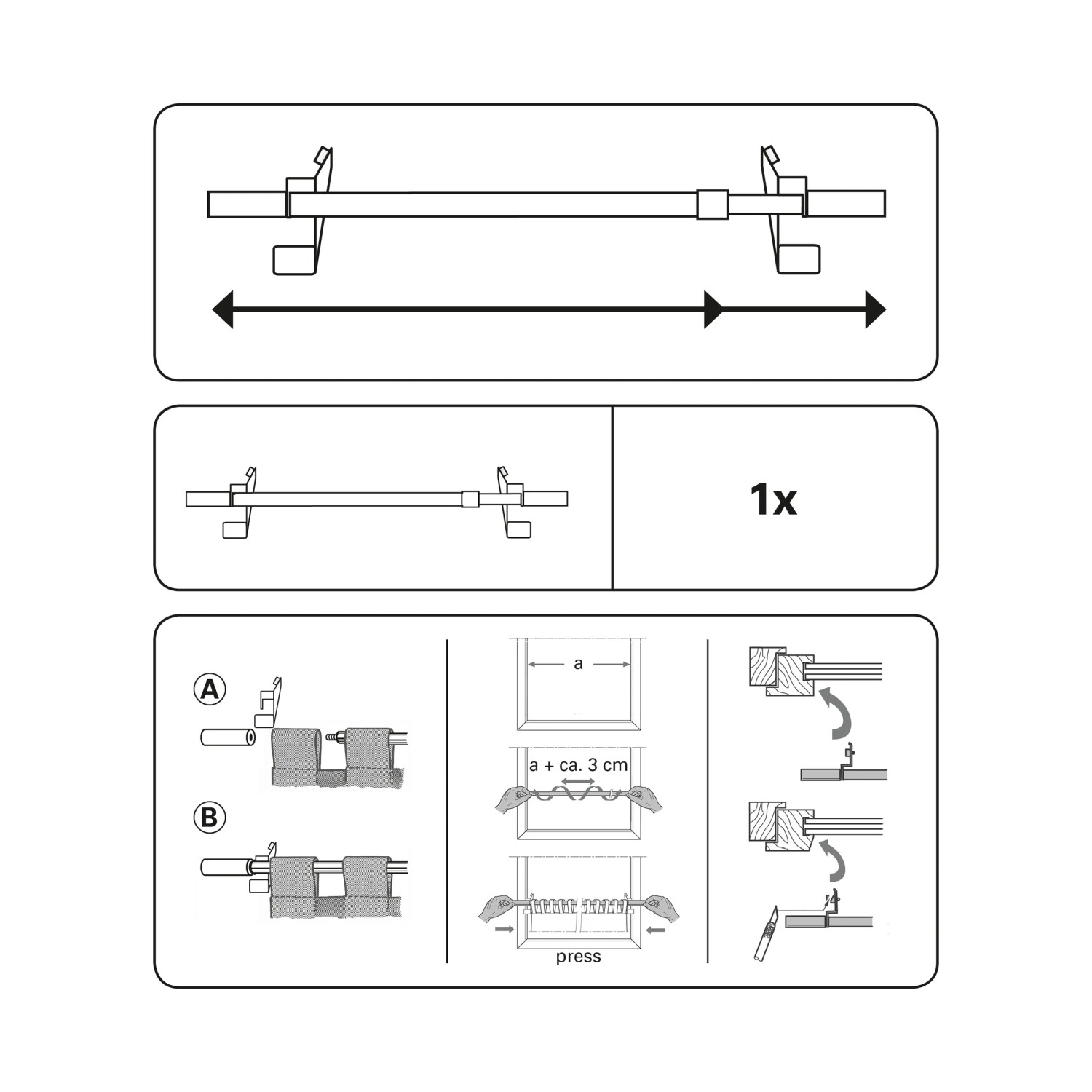 Montageanleitung für Gardinia Klemmstange Press&Go, weiße Vitragestange für Fenster, 30-50 cm.