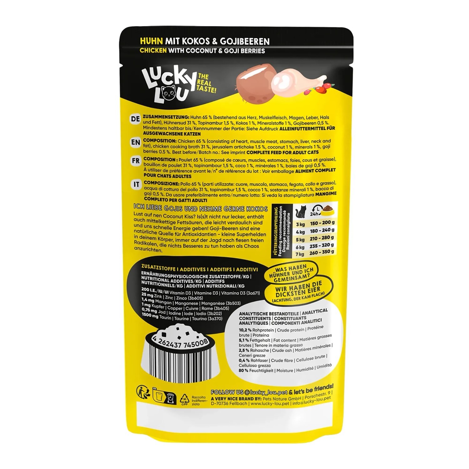 Lucky Lou Katzen-Nassfutter Huhn: Alleinfutter mit Huhn, Topinambur, Kokos und Goji-Beeren im 125g Pouch.