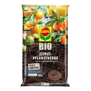 Sack Compo Bio Zitruserde, torffrei, 10 Liter, mit Zitrusfrüchten auf der Verpackung.