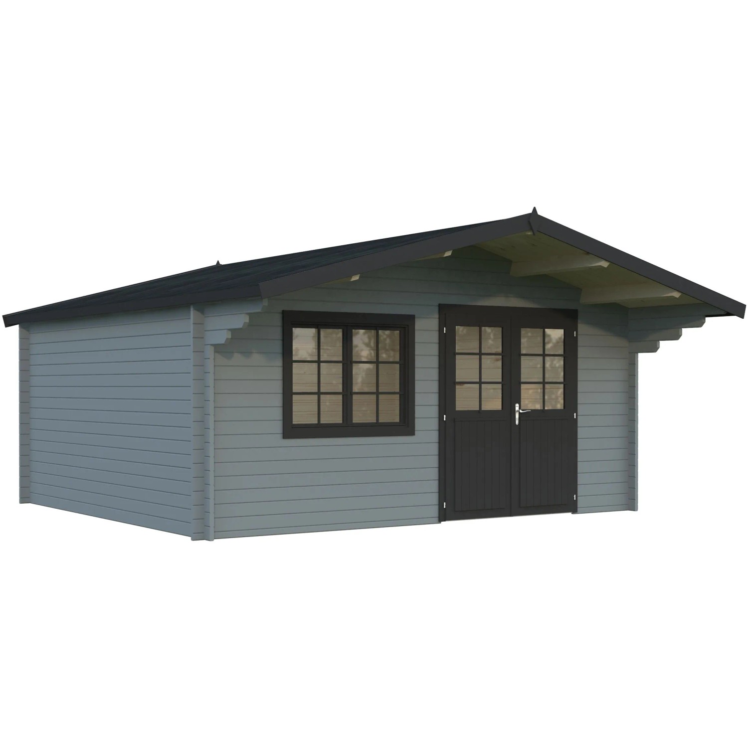 Hellgrau-anthrazit lackiertes Palmako Gartenhaus Britta aus Holz mit Fenster und Doppeltür.