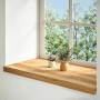 Hellbraune Massivholz-Fensterbank aus Eiche, im Innenbereich mit Pflanzen dekoriert. Für Fenster.