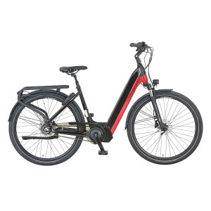 Prophete City E-Bike Geniesser 5.0 Damen, 28 Zoll, Schwarz-Rot, mit Mittelmotor und Gepäckträger.
