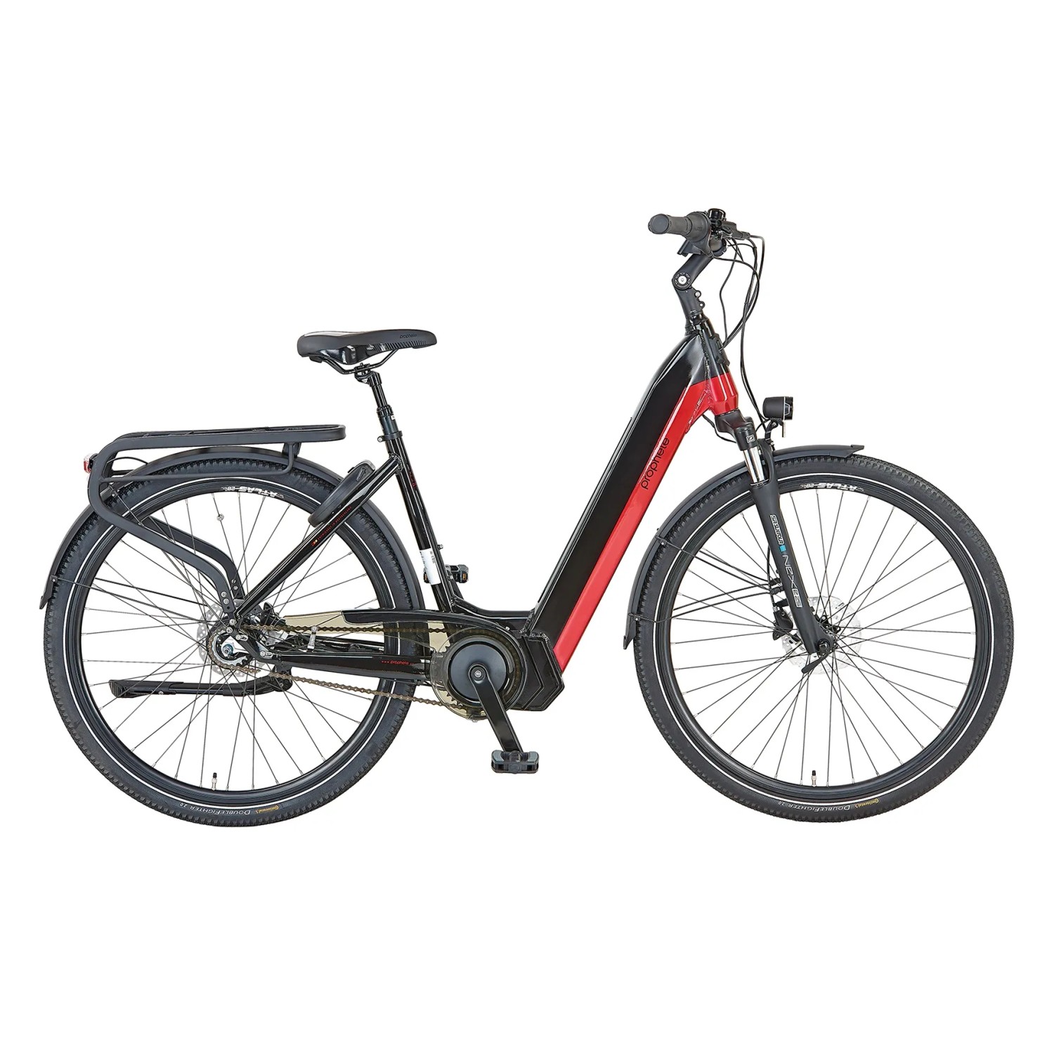 Prophete City E-Bike Geniesser 5.0 Damen, 28 Zoll, Schwarz-Rot, mit Mittelmotor und Gepäckträger.