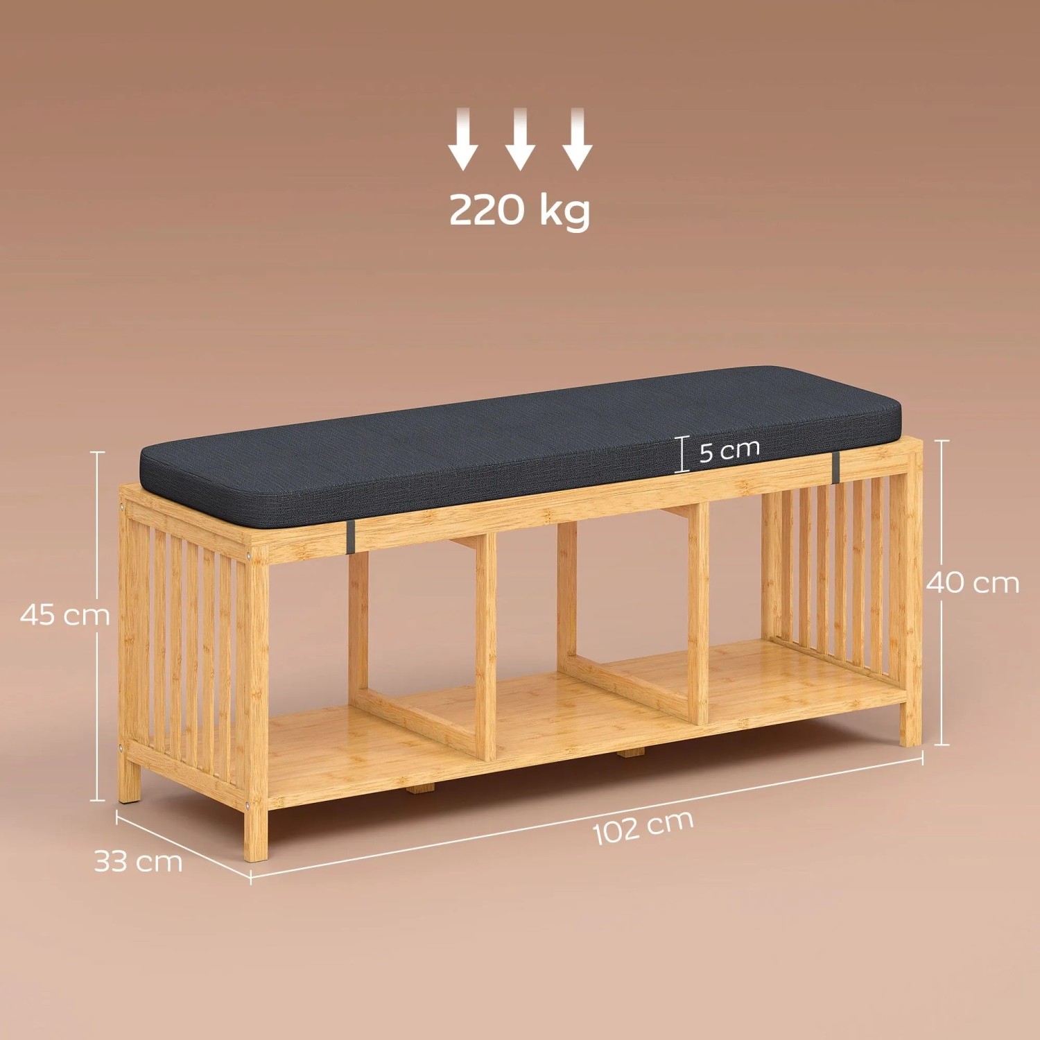 HOMCOM Schuhbank aus Bambus mit dunkelgrauem Kissen, 102 cm lang, offene Fächer für Schuhe, 220 kg Traglast.