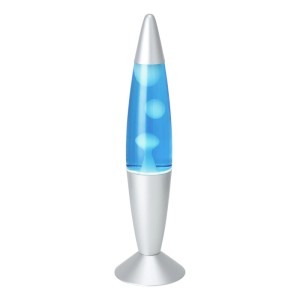 Silberne LED-Lavatischleuchte mit blauem Liquid und weißen Wachsblasen, Ø 10,8 cm.