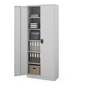 Grauer Jan Nowak Metallschrank H2200, 220x90x40 cm, mit geöffneter Tür und Regalfächern.