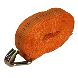 Orangefarbener TRUTZHOLM Ratschen Spanngurt, 6 m lang, mit Haken. Zur Ladungssicherung.