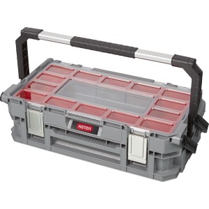 Keter Connect System Cantilever Sortimentskasten, grauer Werkzeugkoffer mit Tragegriff und transparentem Deckel.