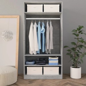 Betongrauer Kleiderschrank (100x50x200 cm) aus Holzwerkstoff mit Fächern und Kleiderstange.
