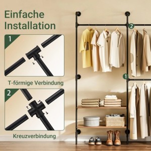 SoBuy Kleiderständer zur Wandmontage mit Regalen und Kleidung. Garderobenständer im Industrial Look.