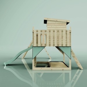 PolarPlay Spielturm Frida mit Rutsche, Schaukel und Kletterwand in Mintgrün.