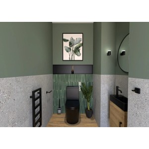 Modernes WC mit grünen Wänden, grauen Fliesen, schwarzem WC, Waschbecken. Ideal für Duschablage.
