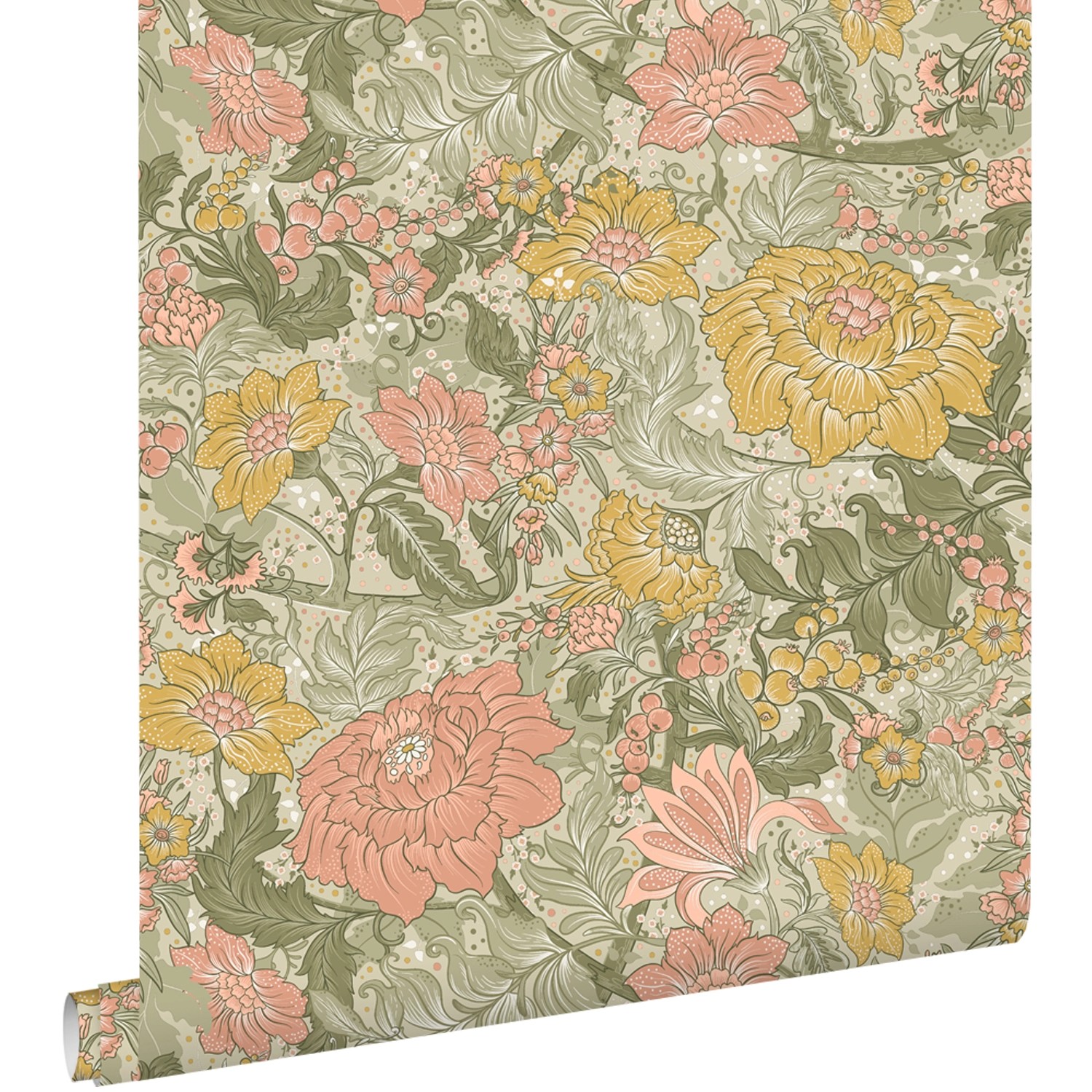 ESTAhome Tapete Blumenmuster Graugrün Rosa und Ockergelb 50 x 900 cm günstig online kaufen