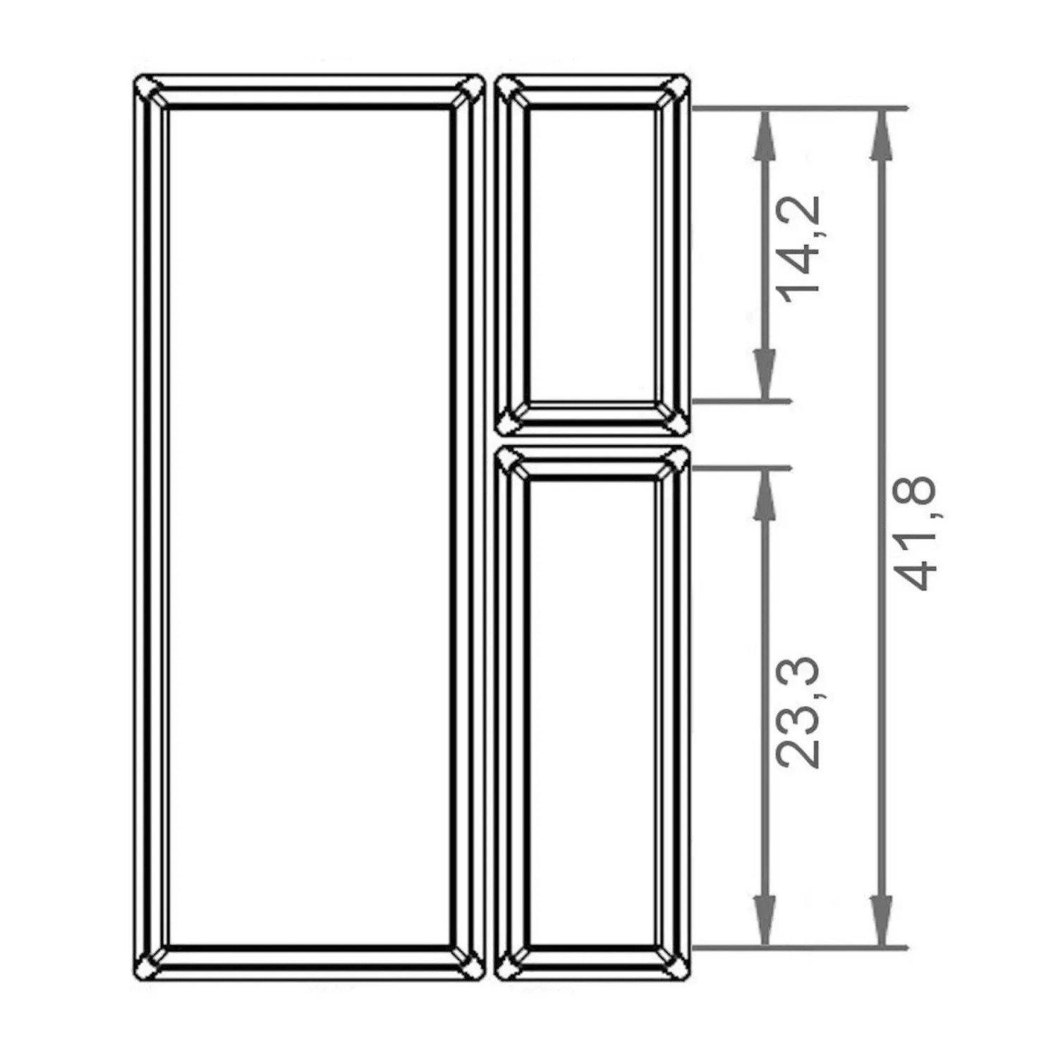 Technische Zeichnung des SOTECH ORGA-BOX IV Universal Besteckeinsatzes mit Fächern und Maßen für Schubladen.