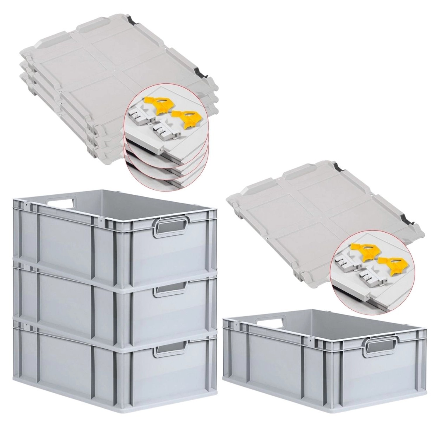 PROREGAL SuperSparSet 4x Eurobox NextGen Grip mit Scharnierdeckel und Gelben Schiebeschnappverschlüssen HxBxT 22 x 40 x ...