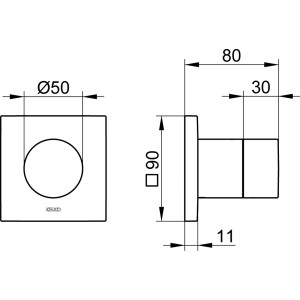 Technische Zeichnung Keuco IXMO Pure Umstellventil 59556, eckig, Chrom, Maße in mm.