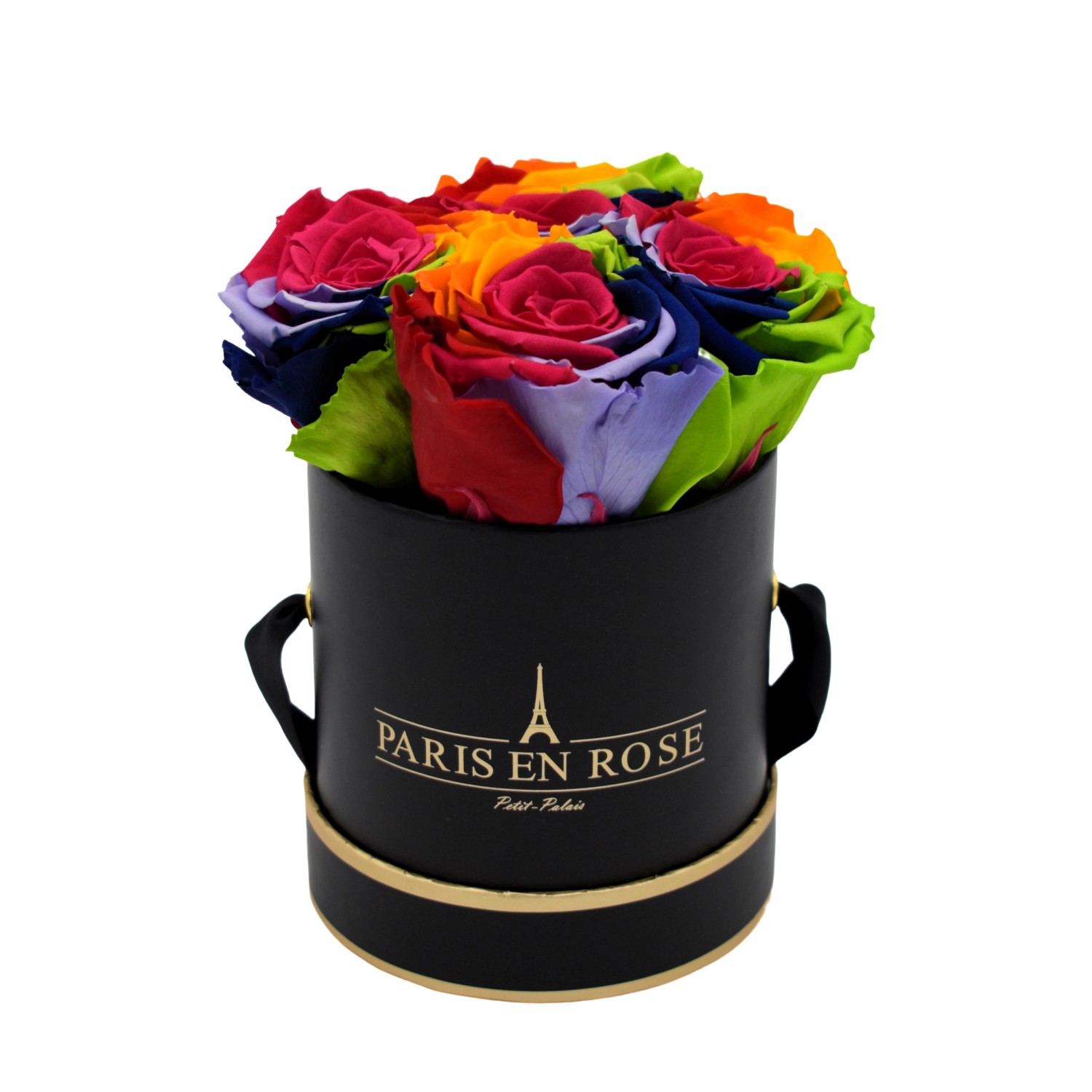 Rosenbox Ø 10 cm Schwarz-Gold mit 4 Rainbow Rosen