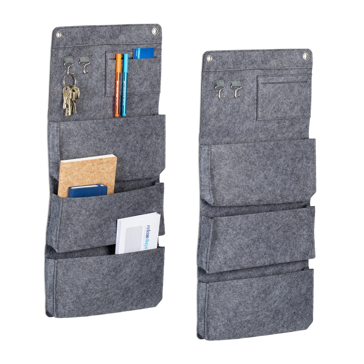 Relaxdays Hängeorganizer Filz Grau 2er Set 3 Fächer 65 cm x 30 cm x 5 cm 220 g