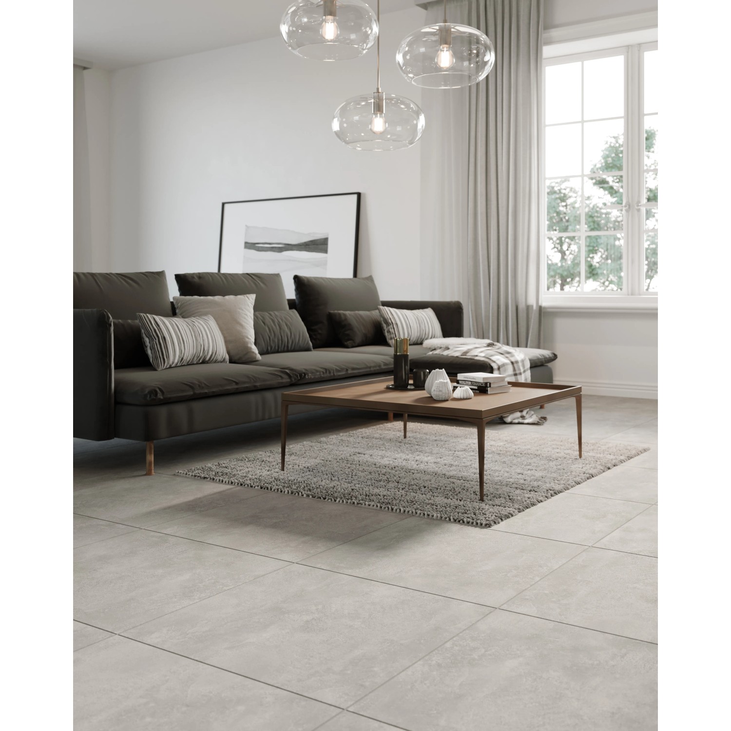 Verlegtes Feinsteinzeug Dallas Grau, matte Bodenfliese 60,6x60,6 cm im Wohnraum.